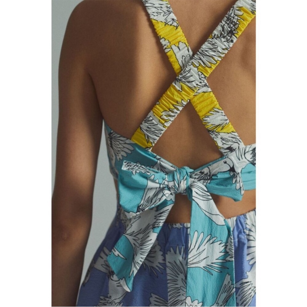 Anthropologie Maeve Tropical Bird Print Cutout Tie Back Mini Dress 2 - Picture 11 of 16